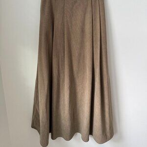 Oak + Fort Taupe Corduroy Midi Skirt w/ Pleats + Elastic Waist